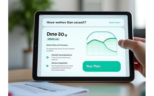 Digital interface of a wellness assessment showing charts and progress bars, symbolizing personalized action plans.