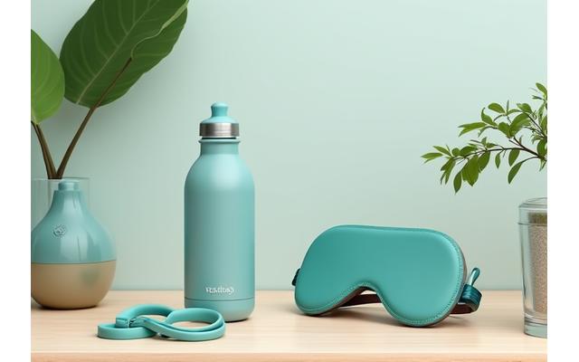 A variety of wellness products like supplements, a smart water bottle, and resistance bands arranged aesthetically, representing curated and personalized recommendations.